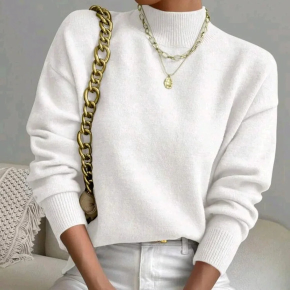 Women's Solid Color Cowl Neck Dropped Shoulder Long Sleeve Casual Sweater - Picture 1 of 5